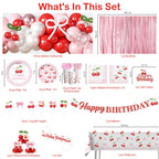Cocomigo Cherry Birthday Decorations Kit – 270 PCS Pink Theme Tableware, Balloons, Banner, and More