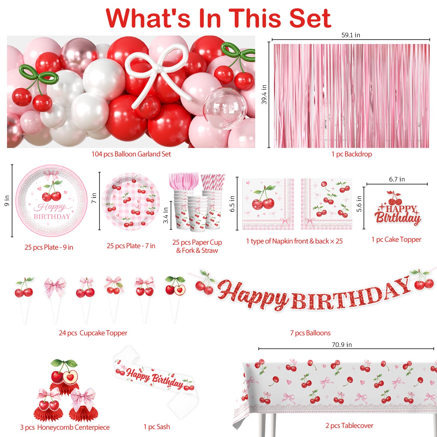 Cocomigo Cherry Birthday Decorations Kit – 270 PCS Pink Theme Tableware, Balloons, Banner, and More