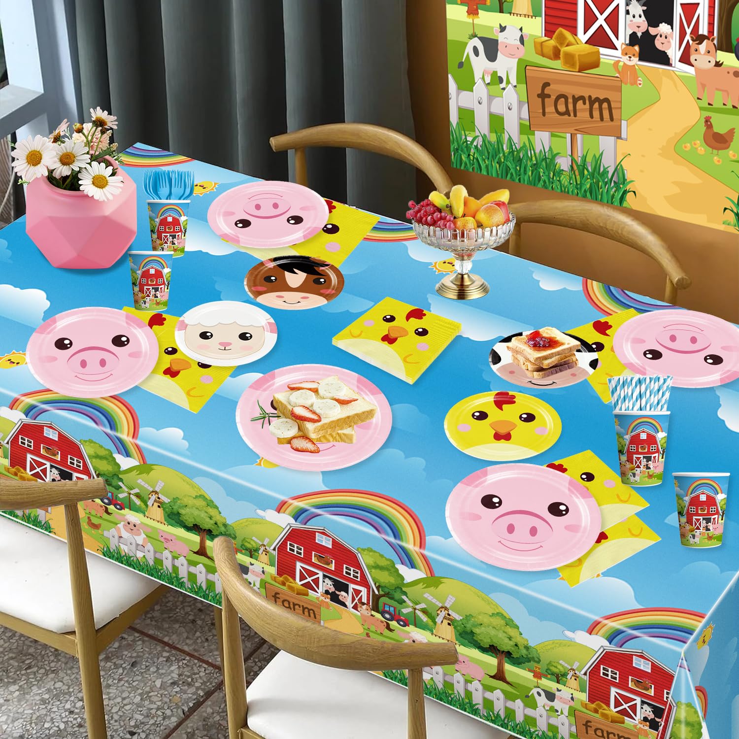 Cocomigo 159pcs Farm Birthday Decorations for Kids — 5 Styles, 300gsm Animal Plates, Backdrop, Balloons