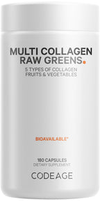 Codeage Multi Collagen Protein + Organic Raw Greens Capsules – 5 Types, 21 Fruits & Veggies, Grass-Fed Hydrolyzed Collagen, 180 Count