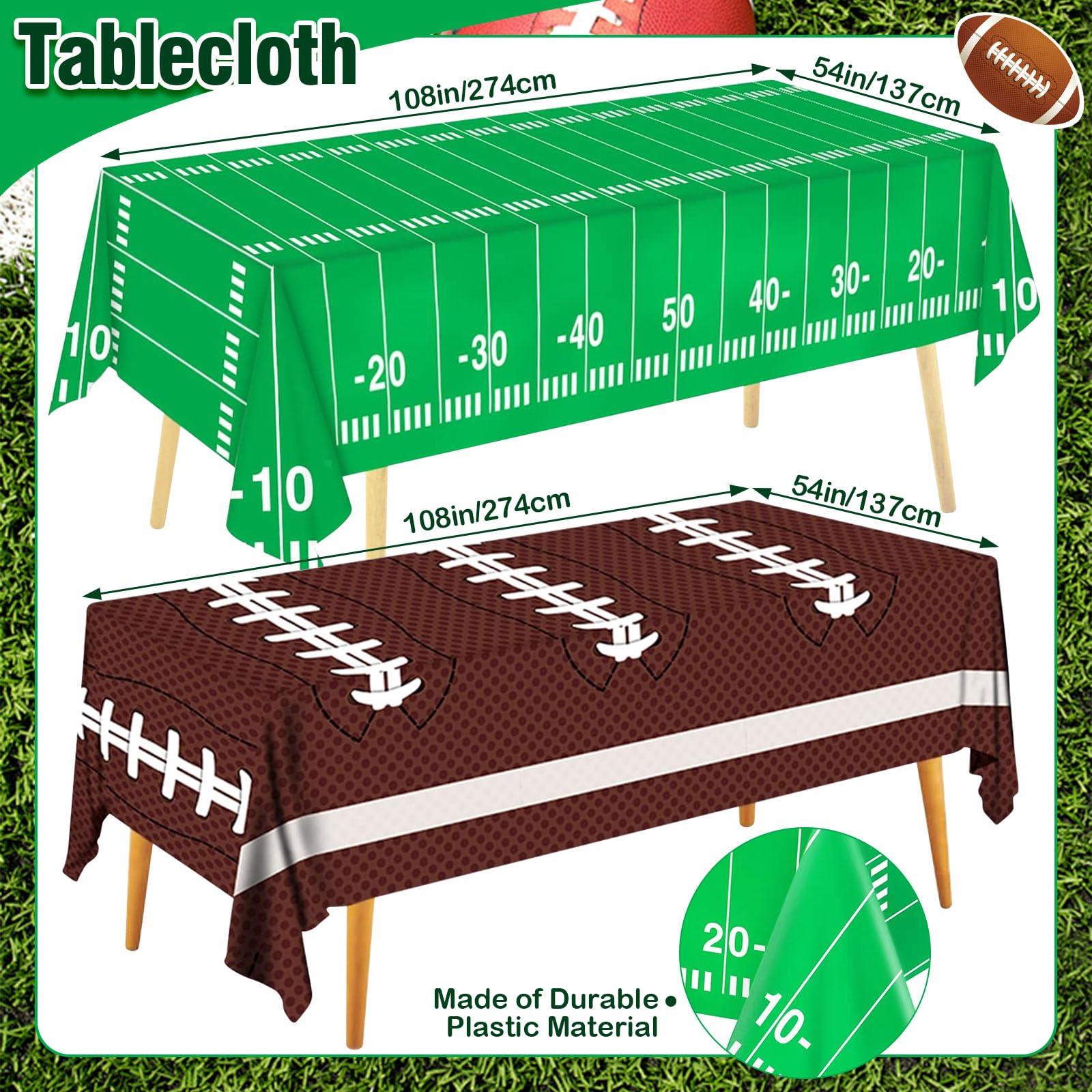 Cokoness Football Tablecloths – 54 x 108 inch (2 Pack) Disposable Tailgate Tablecover