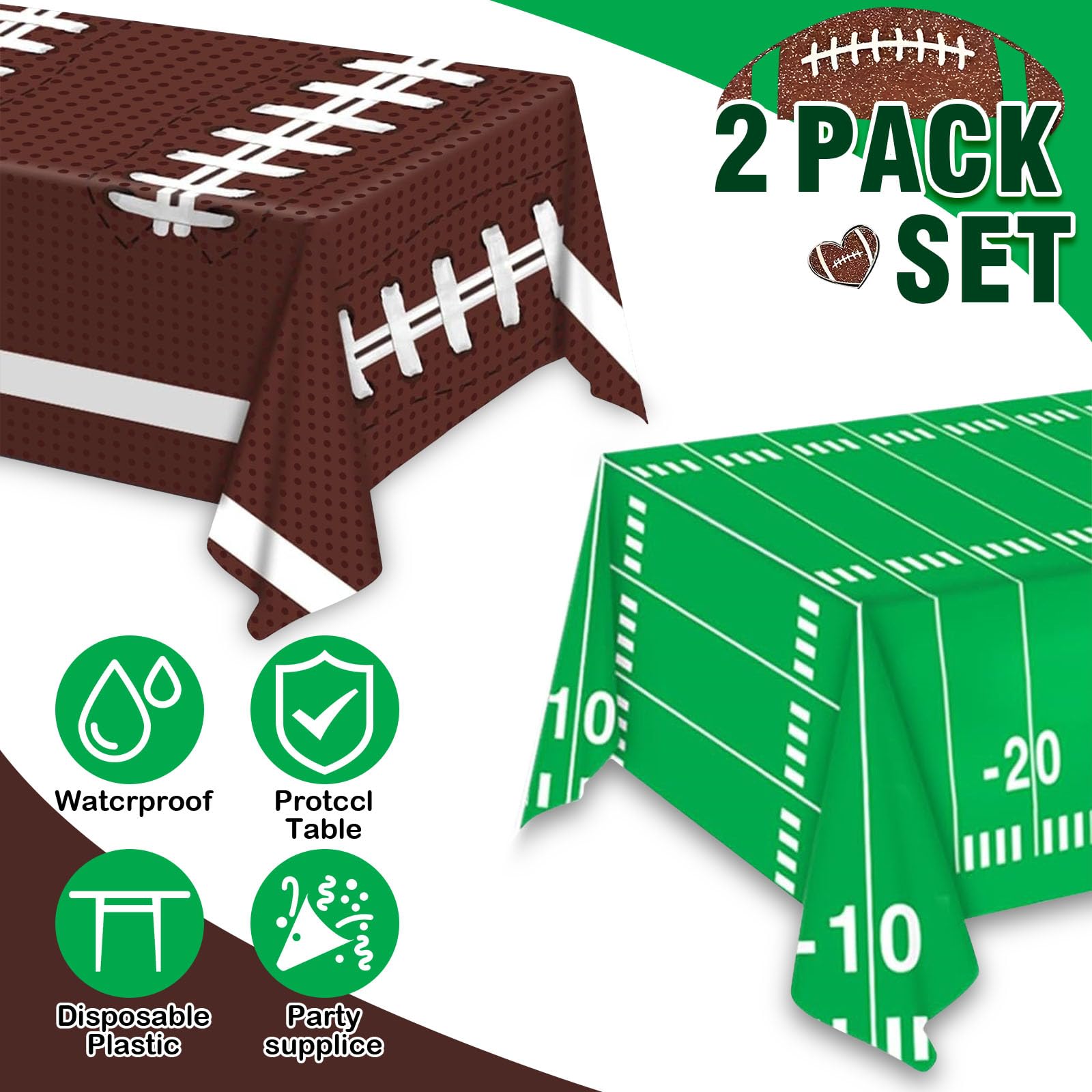 Cokoness Football Tablecloths – 54 x 108 inch (2 Pack) Disposable Tailgate Tablecover