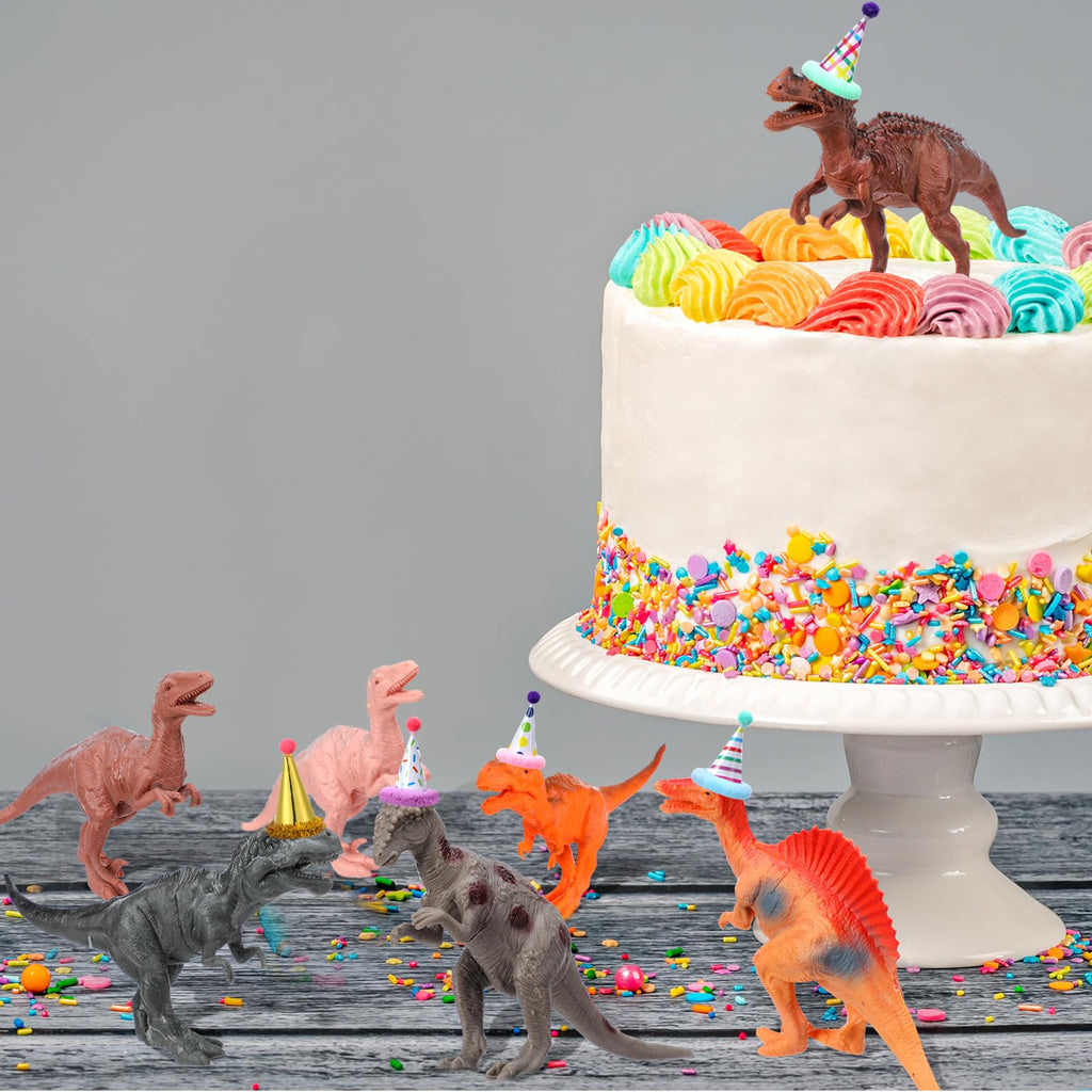 Colingmill 18 Pcs Dinosaur Birthday Party Decorations – Cake Toppers & Mini Hats Set
