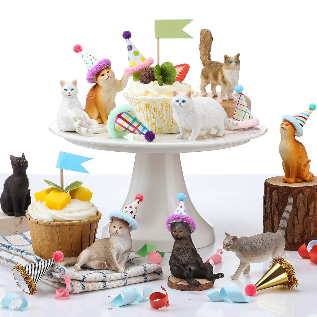 Colingmill 18 Pcs Cat Birthday Party Decorations — Animal Figure Cake Toppers & Mini Hats