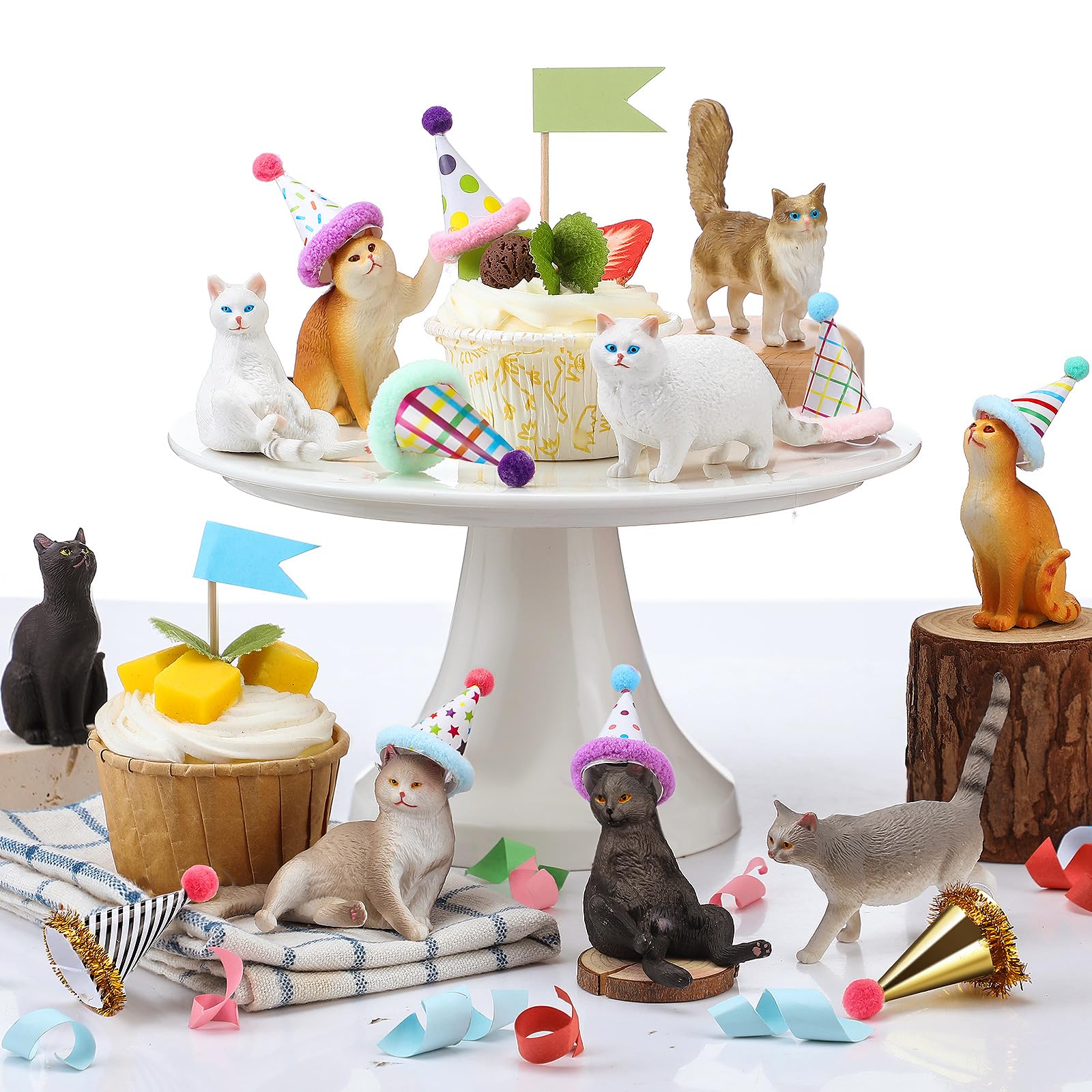 Colingmill 18 Pcs Cat Birthday Party Decorations — Animal Figure Cake Toppers & Mini Hats