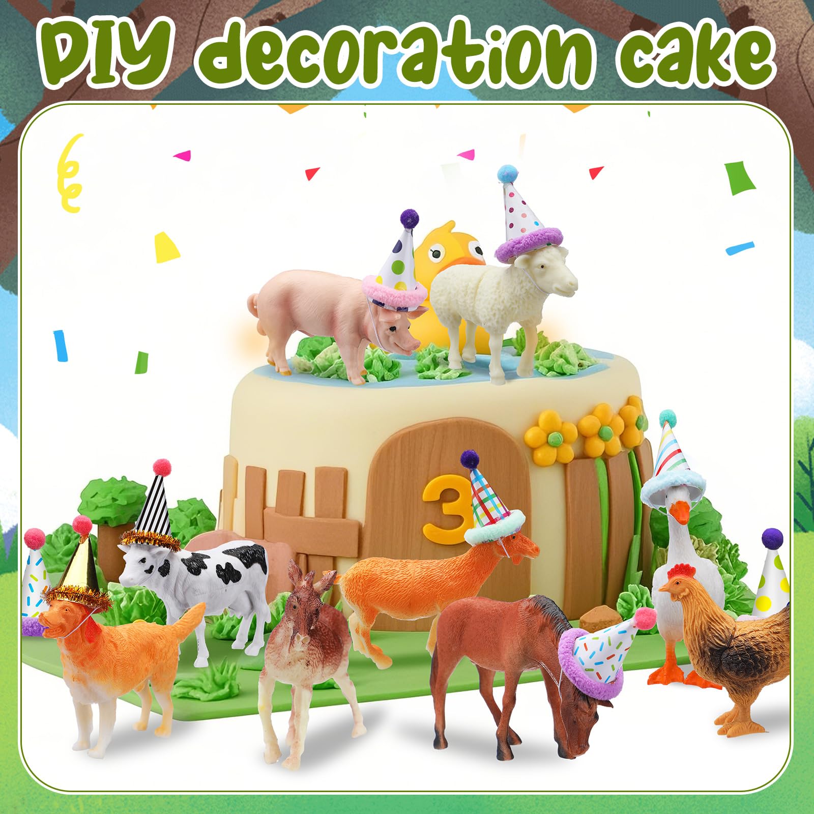 Colingmill 18 Pcs Farm Animal Cake Toppers & Mini Hats | Cute Party Decor