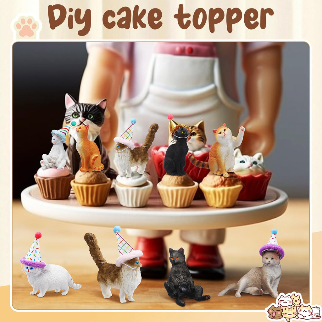 Colingmill 18 Pcs Cat Birthday Party Decorations — Animal Figure Cake Toppers & Mini Hats