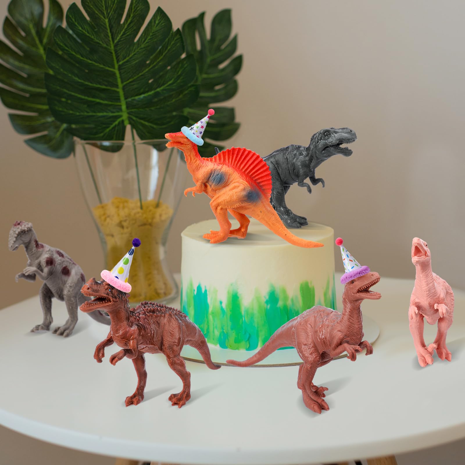 Colingmill 18 Pcs Dinosaur Birthday Party Decorations – Cake Toppers & Mini Hats Set