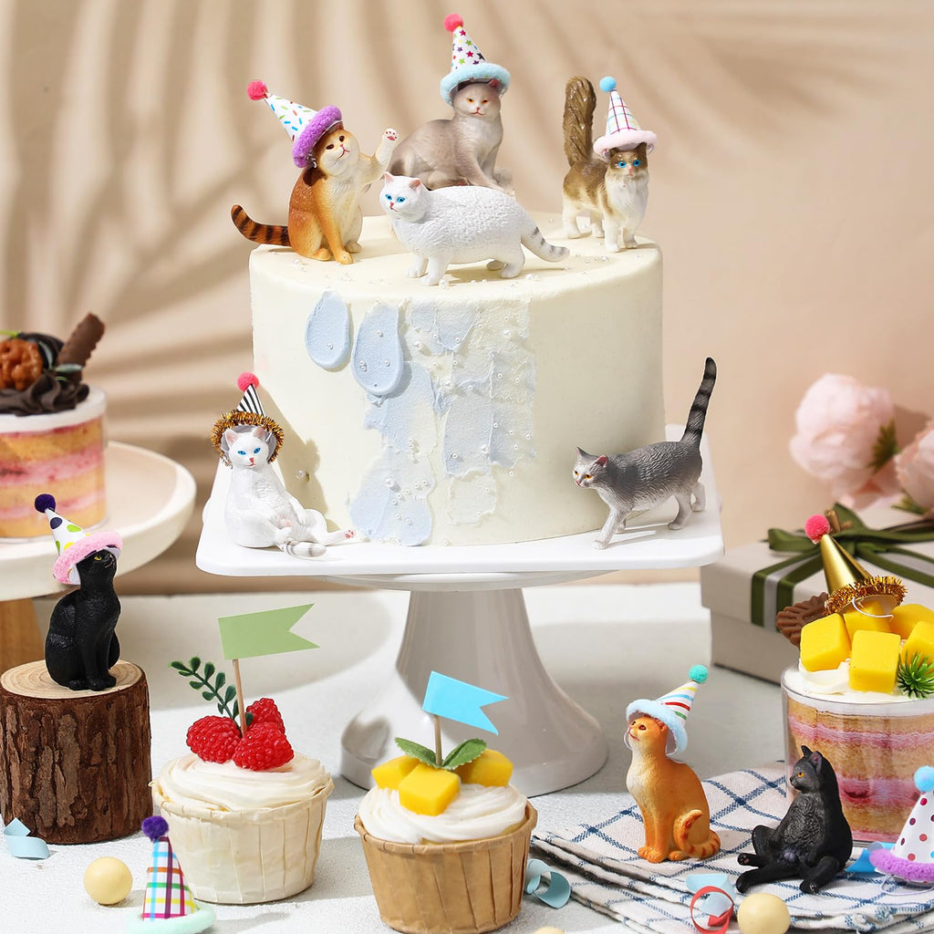 Colingmill 18 Pcs Cat Birthday Party Decorations — Animal Figure Cake Toppers & Mini Hats
