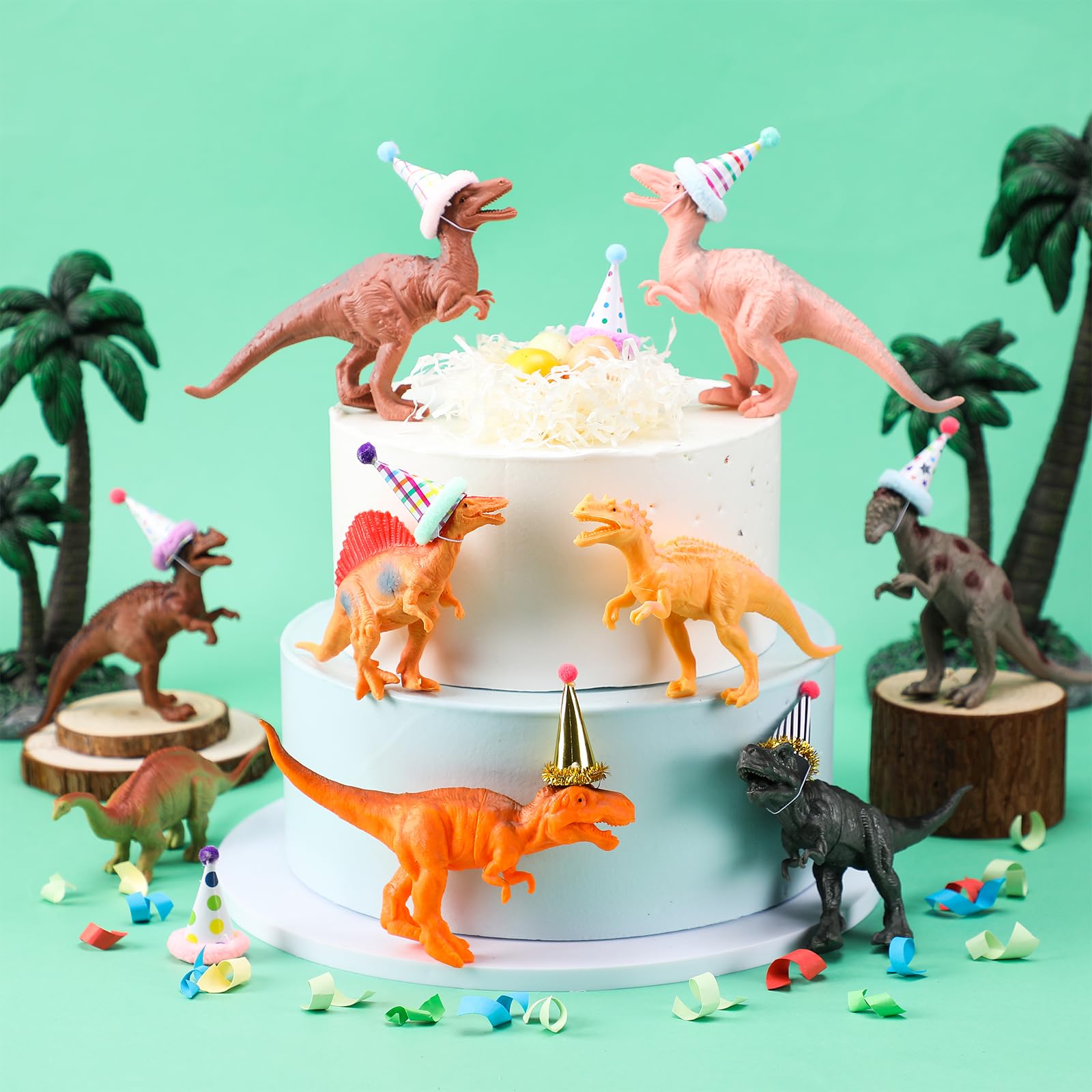 Colingmill 18 Pcs Dinosaur Birthday Party Decorations – Cake Toppers & Mini Hats Set