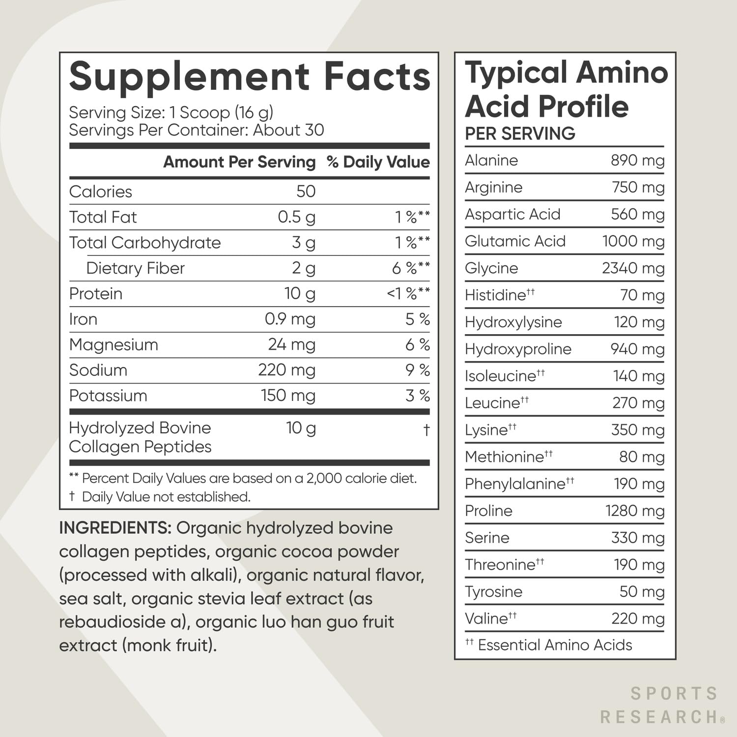 Sports Research Bio-Kollagenpulver – hydrolysiertes Typ I & III, USDA Bio, glutenfrei, 30 Portionen, Zartbitterschokolade