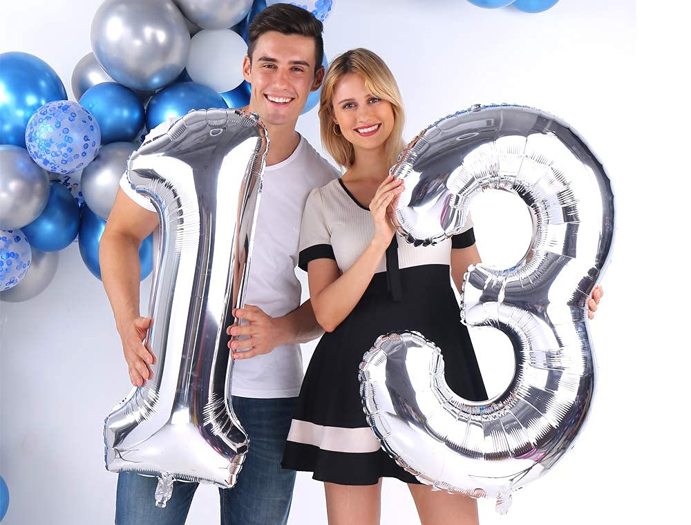 COLORFUL ELVES Silver 13-Number Balloons • 40-Inch Jumbo Foil Mylar for 13th Birthday Parties