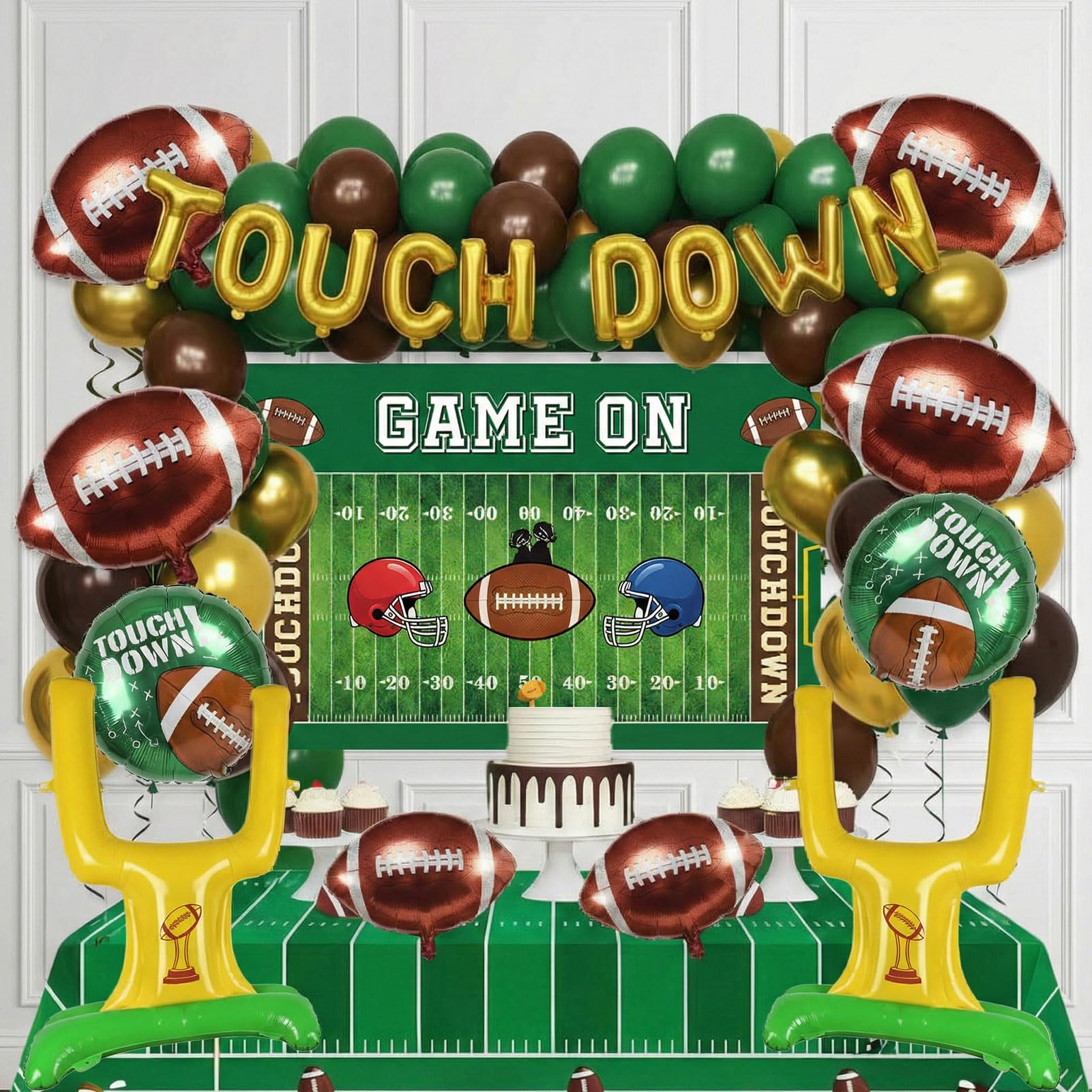 ColorToyz Football Party Decorations Kit | Green Brown Gold Balloon Arch, Touch Down Banner & Game On Backdrop