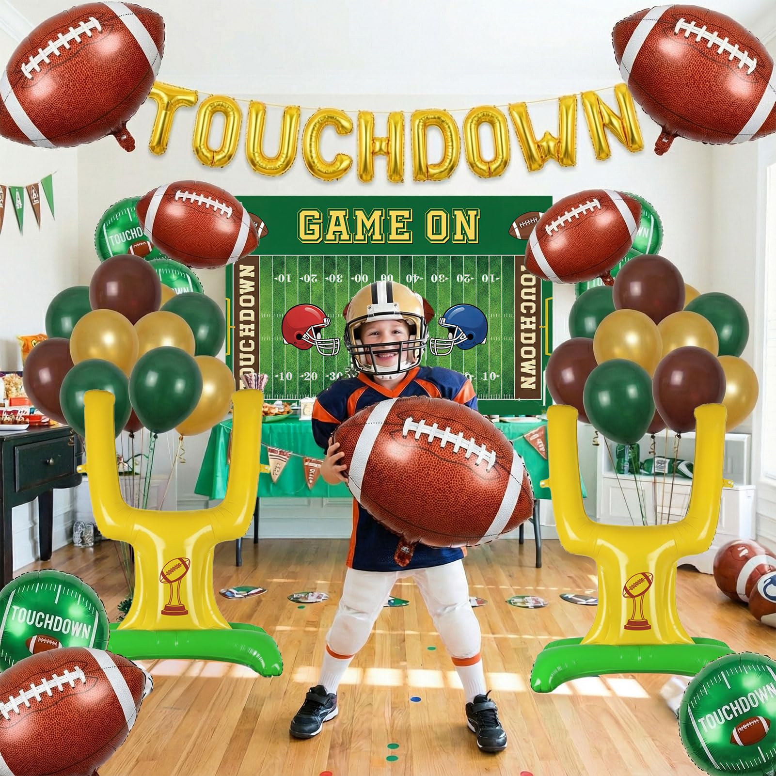 ColorToyz Football Party Decorations Kit | Green Brown Gold Balloon Arch, Touch Down Banner & Game On Backdrop