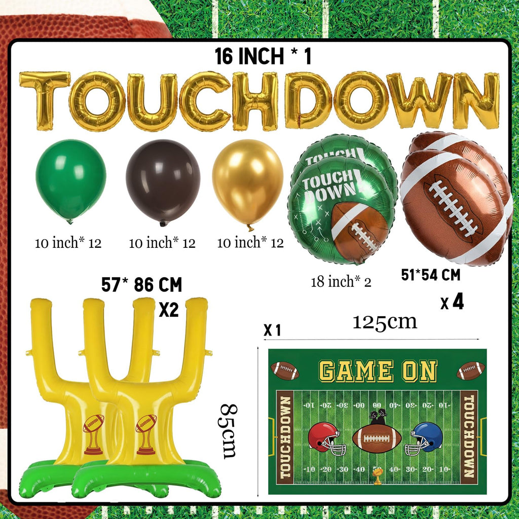 ColorToyz Football Party Decorations Kit | Green Brown Gold Balloon Arch, Touch Down Banner & Game On Backdrop