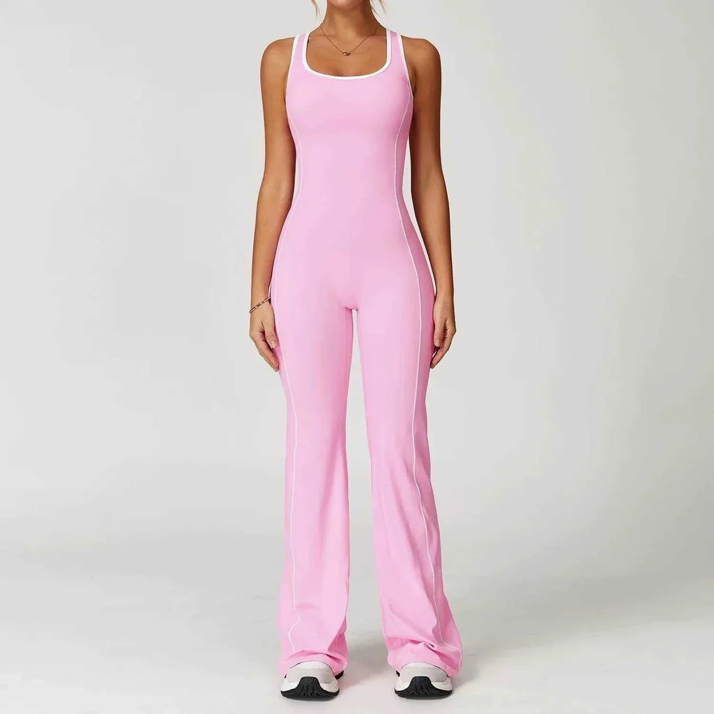 Flared Open Back Jumpsuit with Push-up Butt & Contrast Details