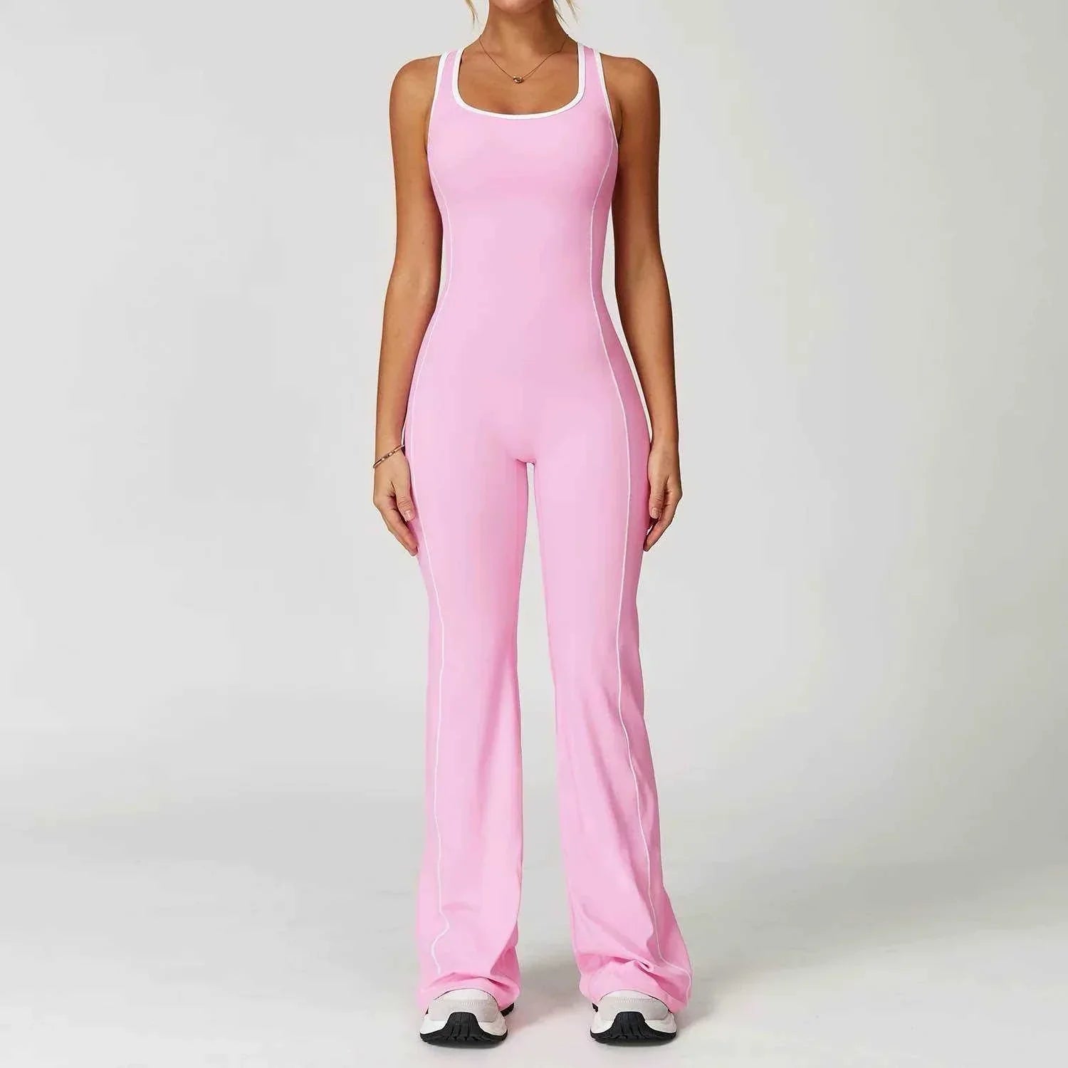 Flared Open Back Jumpsuit with Push-up Butt & Contrast Details