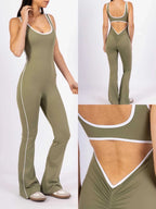 Flared Open Back Jumpsuit with Push-up Butt & Contrast Details