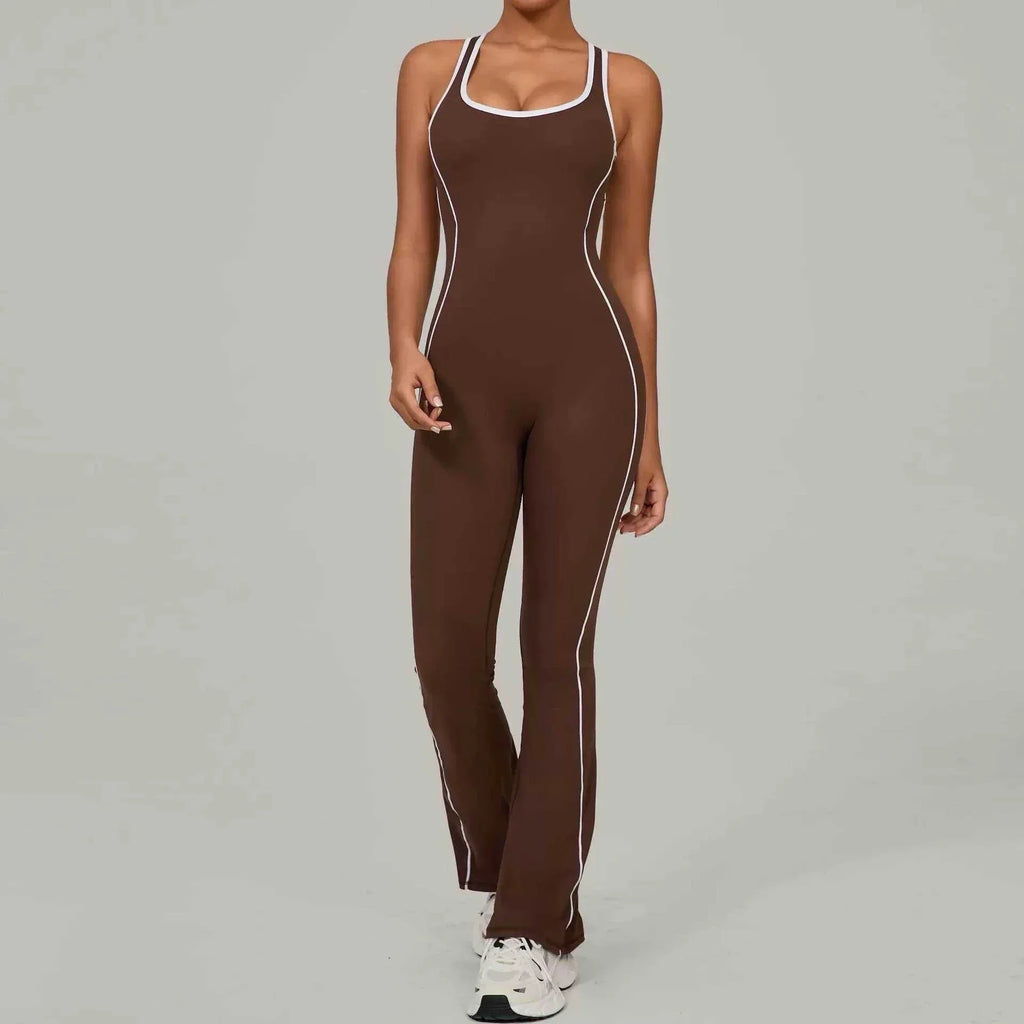 Flared Open Back Jumpsuit with Push-up Butt & Contrast Details