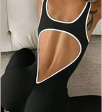 Flared Open Back Jumpsuit with Push-up Butt & Contrast Details