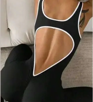 Flared Open Back Jumpsuit with Push-up Butt & Contrast Details