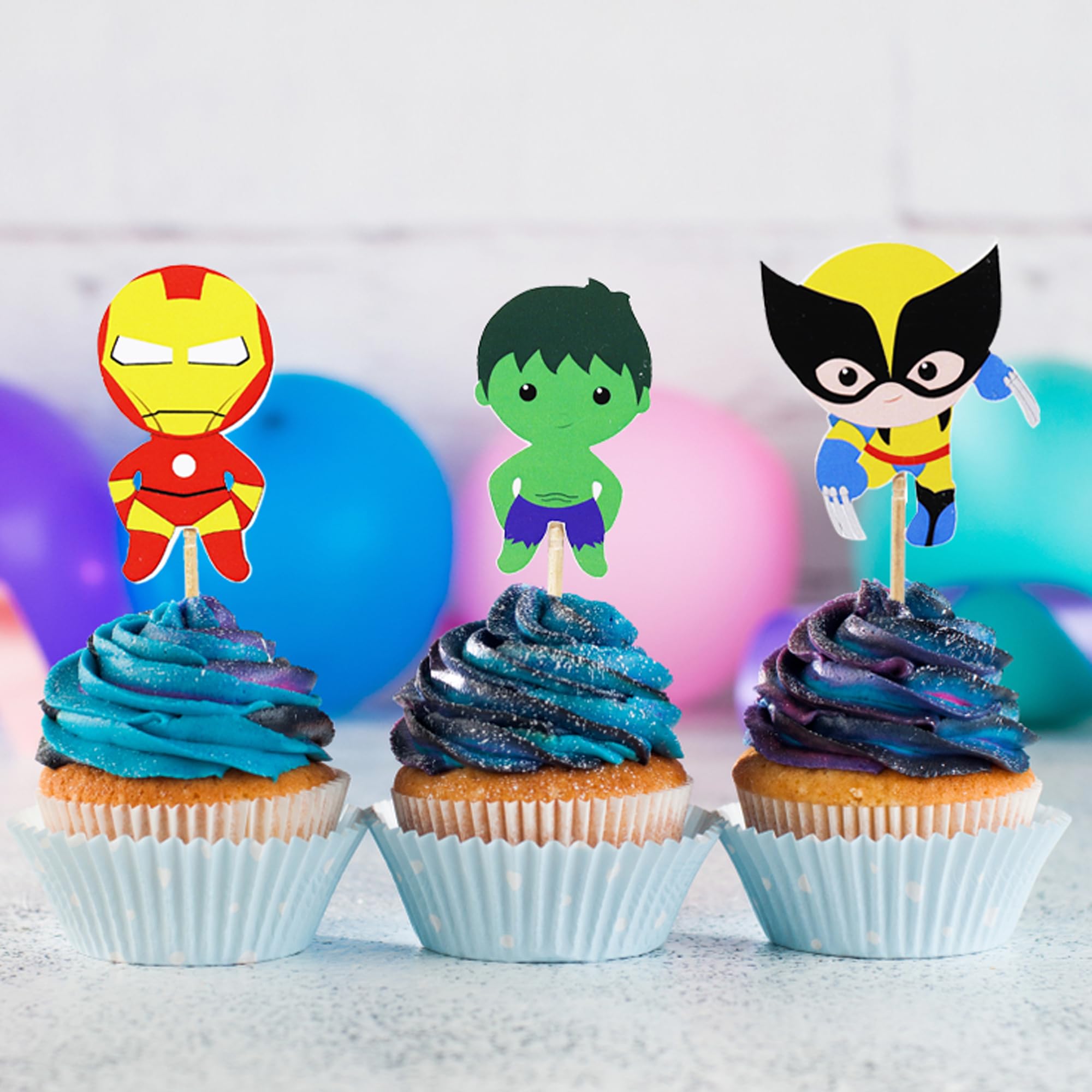 Confetti! 24pc Cartoon Superhero Cupcake Toppers – Colorful Kids Party Decor, Non-Edible