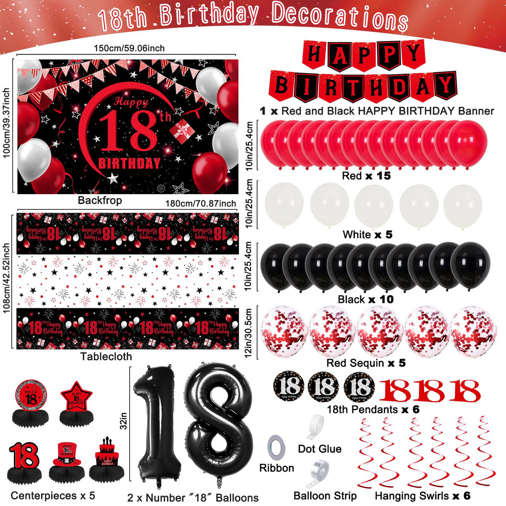Coosilion Happy 18th Birthday Decorations — Red & Black 18th Banner, Balloons, Backdrop & Centerpieces