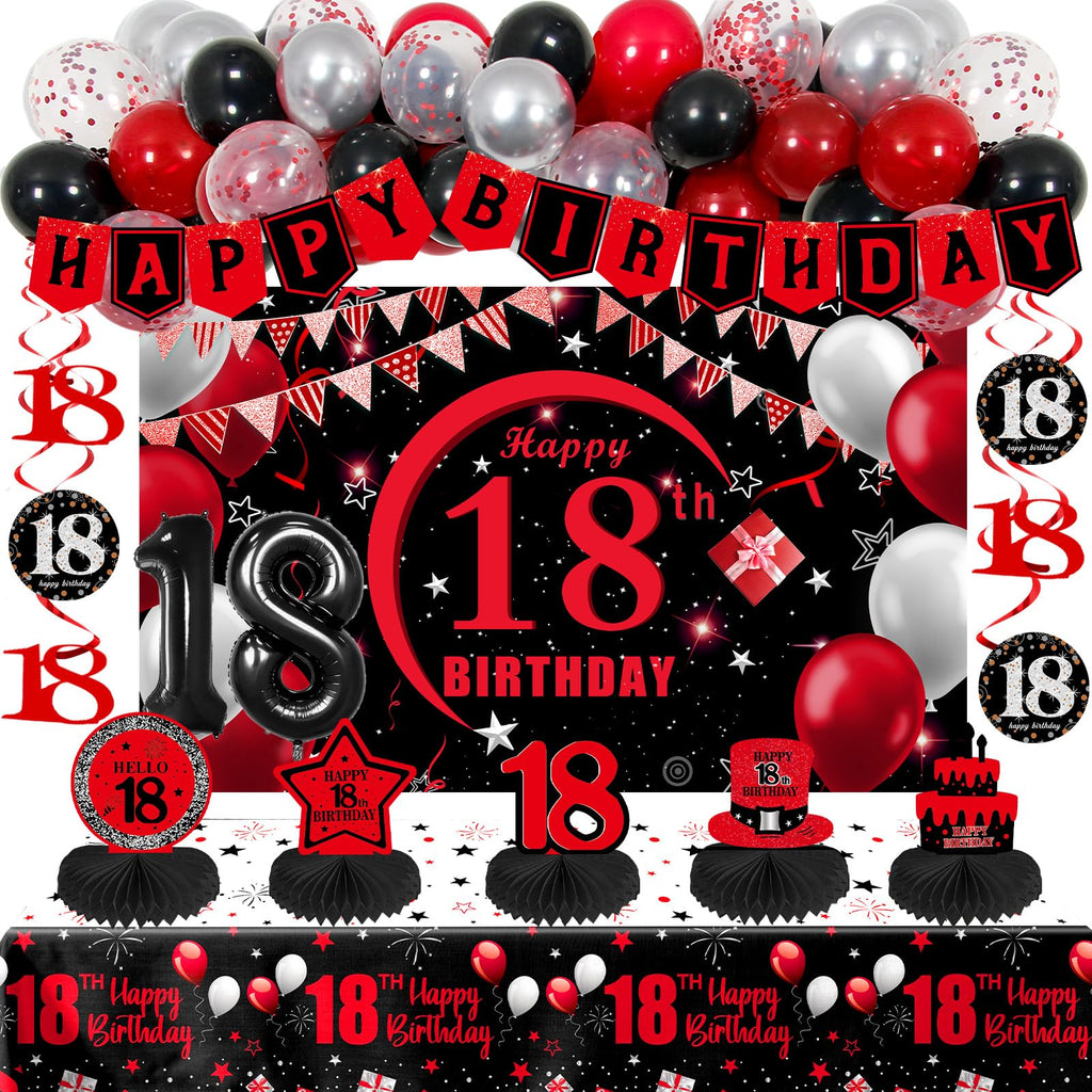 Coosilion Happy 18th Birthday Decorations — Red & Black 18th Banner, Balloons, Backdrop & Centerpieces