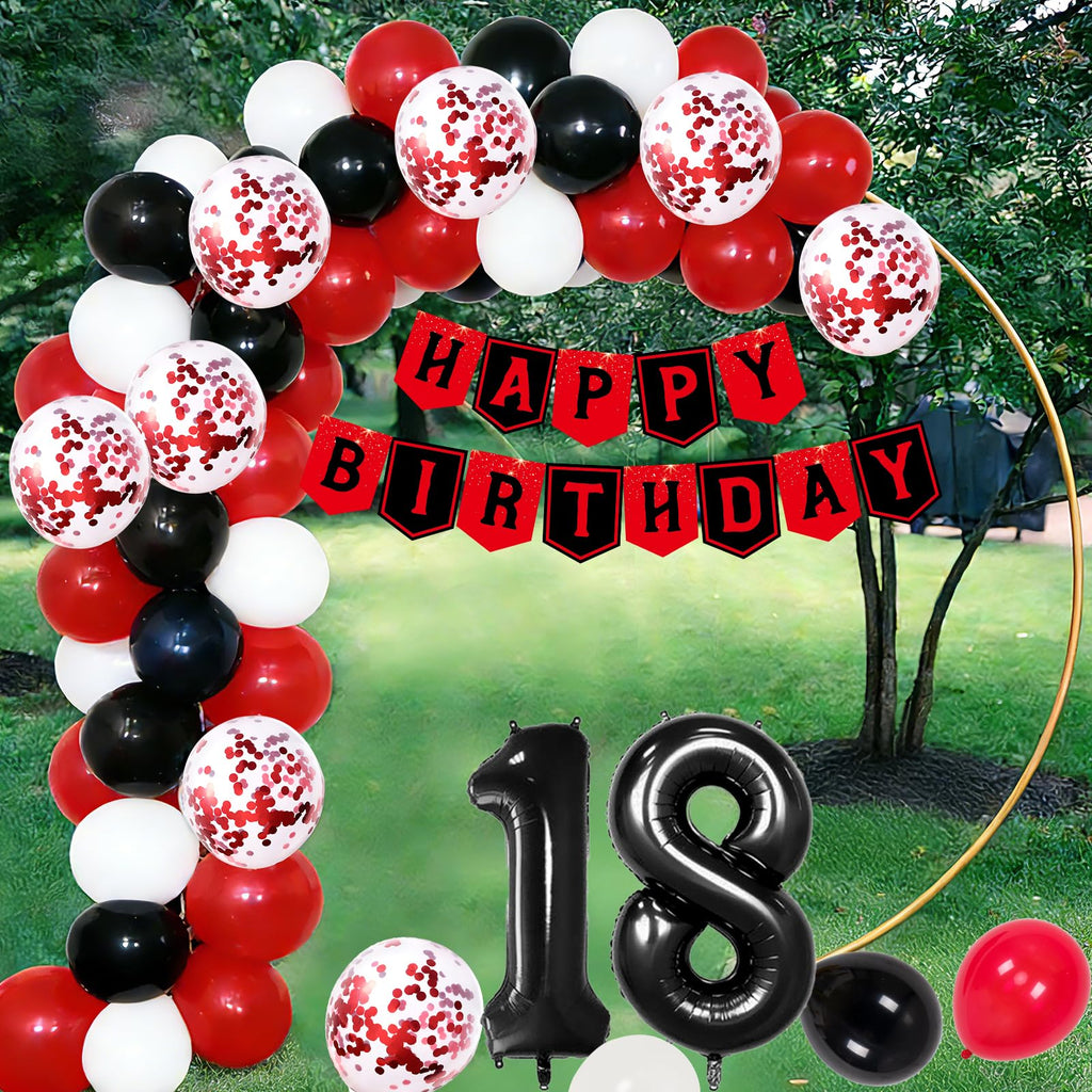 Coosilion Happy 18th Birthday Decorations — Red & Black 18th Banner, Balloons, Backdrop & Centerpieces