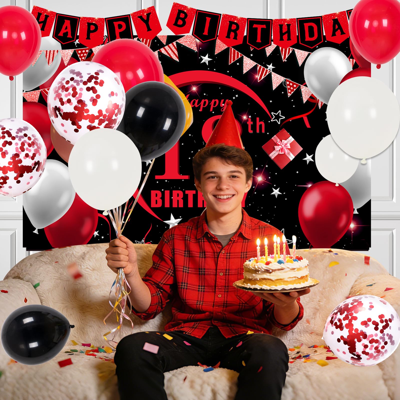 Coosilion Happy 18th Birthday Decorations — Red & Black 18th Banner, Balloons, Backdrop & Centerpieces