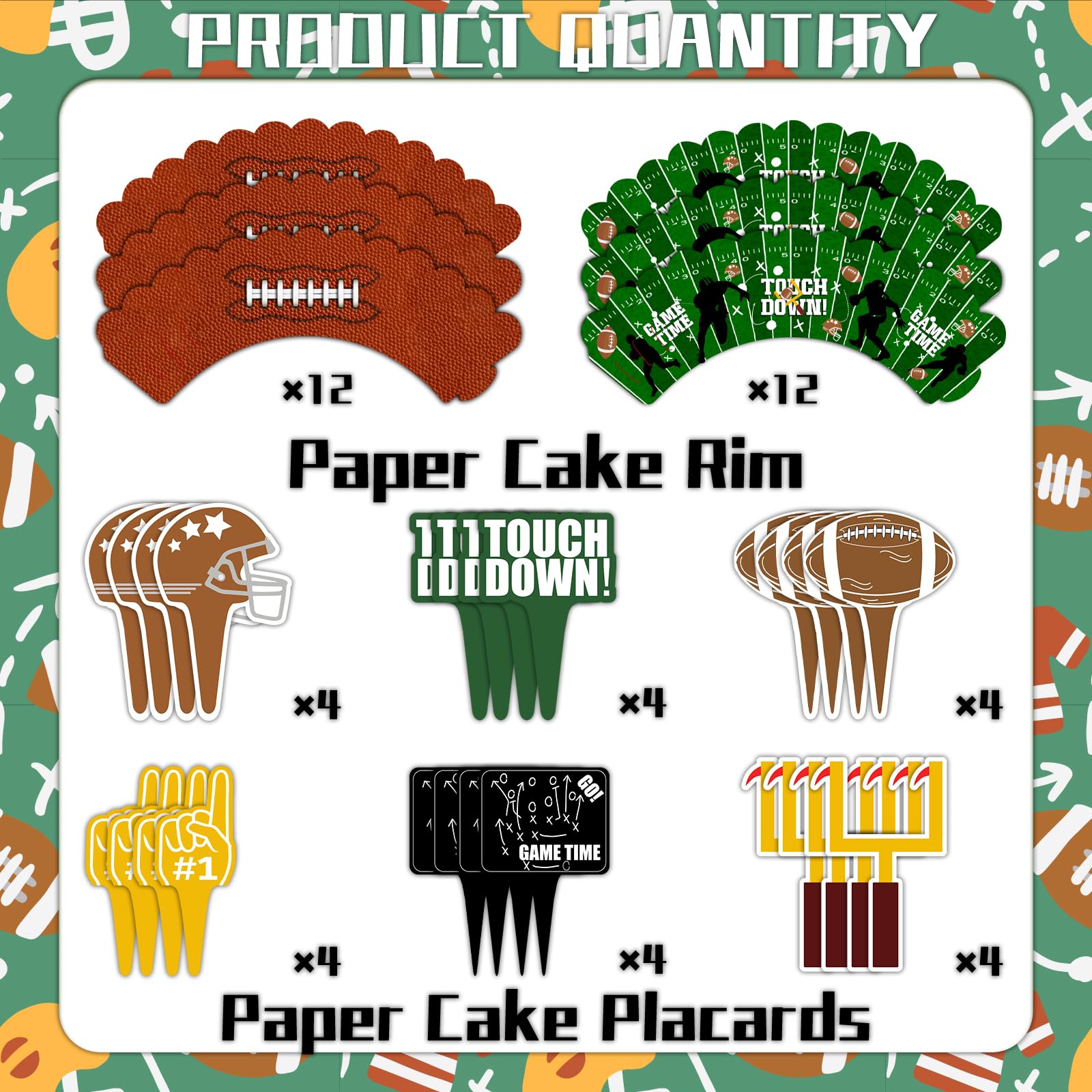 CoquetteBow012 48Pcs Football Cupcake Toppers & Wrappers | Football Theme Party Decor