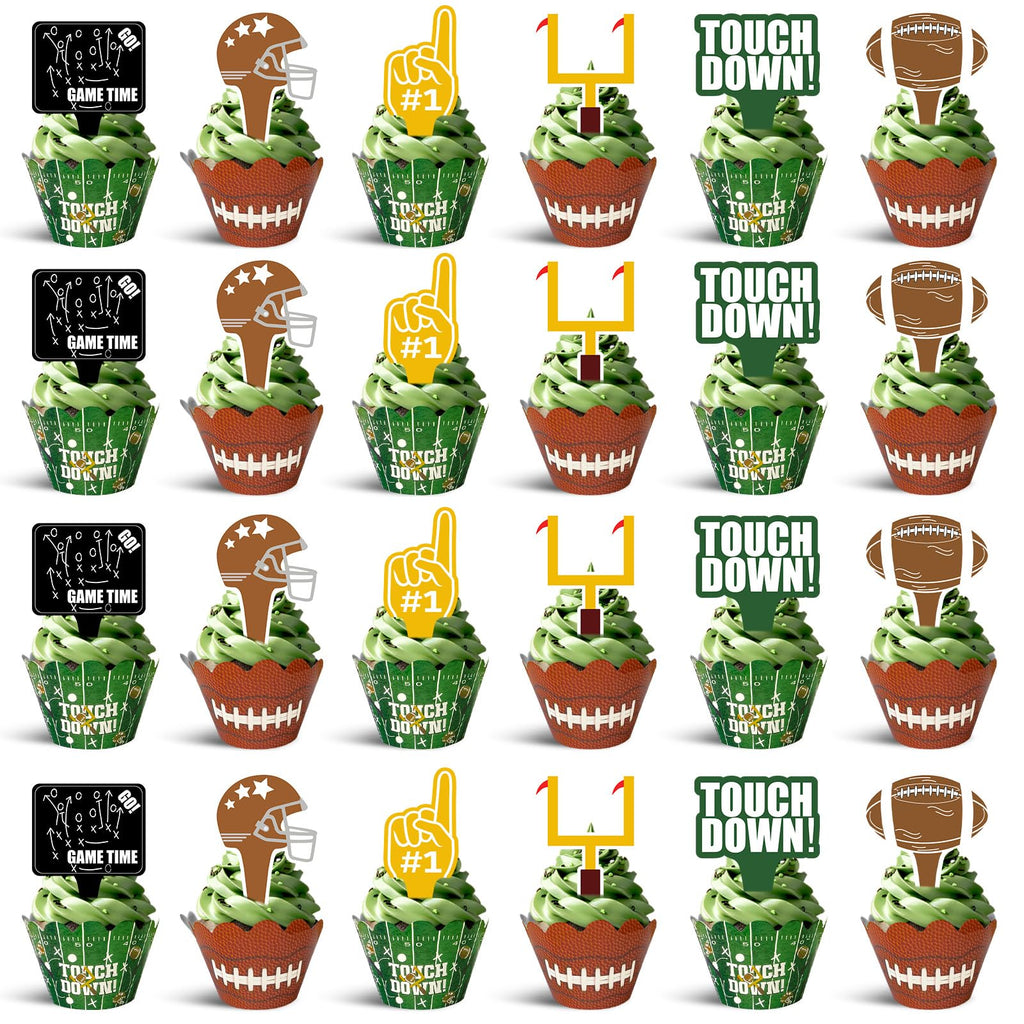 CoquetteBow012 48Pcs Football Cupcake Toppers & Wrappers | Football Theme Party Decor