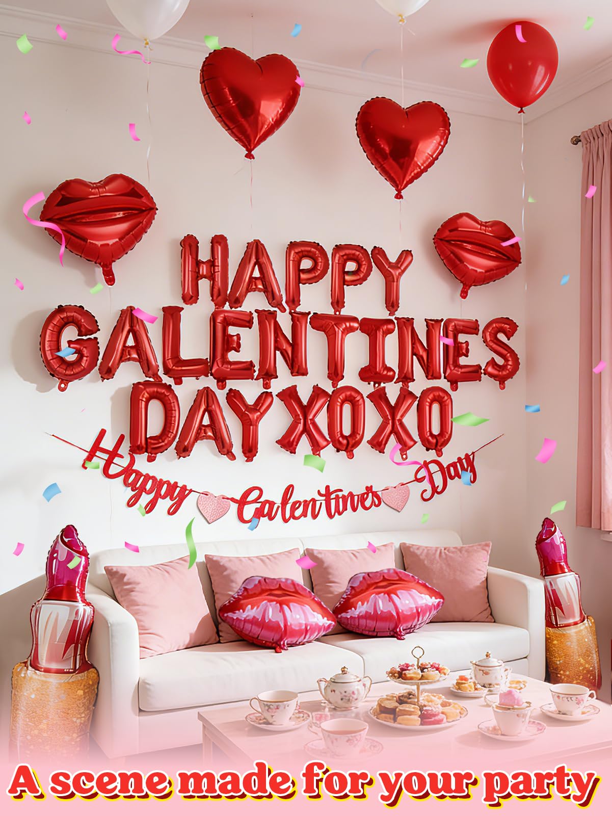 Cosweet 31pcs Galentines Day Balloons Set – Red Letter Foil Balloons, Lips, Lipstick, Heart Shapes with Glitter Banner & Pump