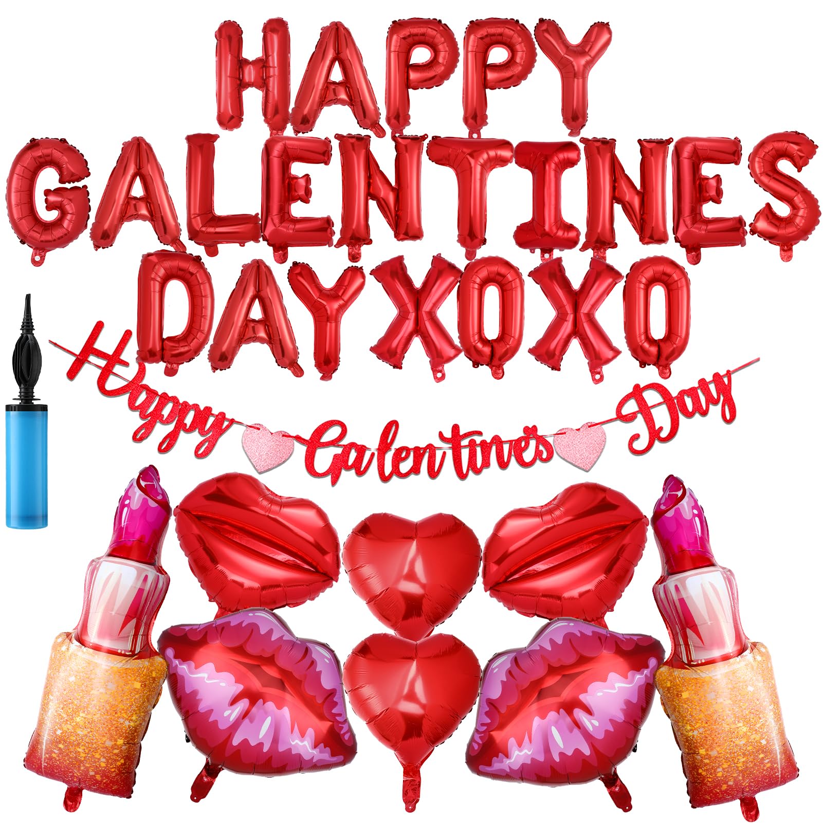 Cosweet 31pcs Galentines Day Balloons Set – Red Letter Foil Balloons, Lips, Lipstick, Heart Shapes with Glitter Banner & Pump