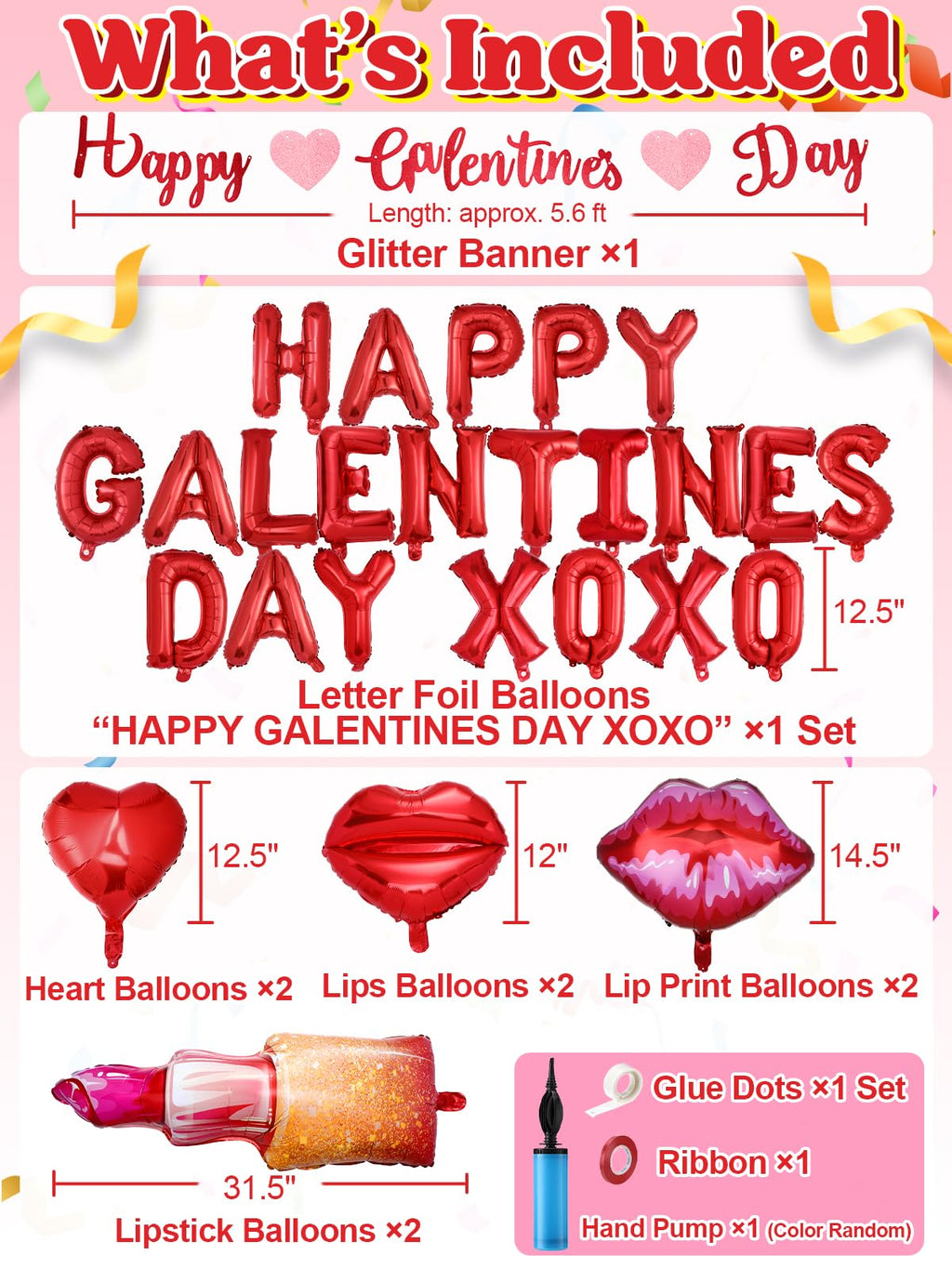Cosweet 31pcs Galentines Day Balloons Set – Red Letter Foil Balloons, Lips, Lipstick, Heart Shapes with Glitter Banner & Pump