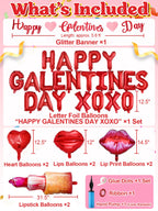 Cosweet 31pcs Galentines Day Balloons Set – Red Letter Foil Balloons, Lips, Lipstick, Heart Shapes with Glitter Banner & Pump