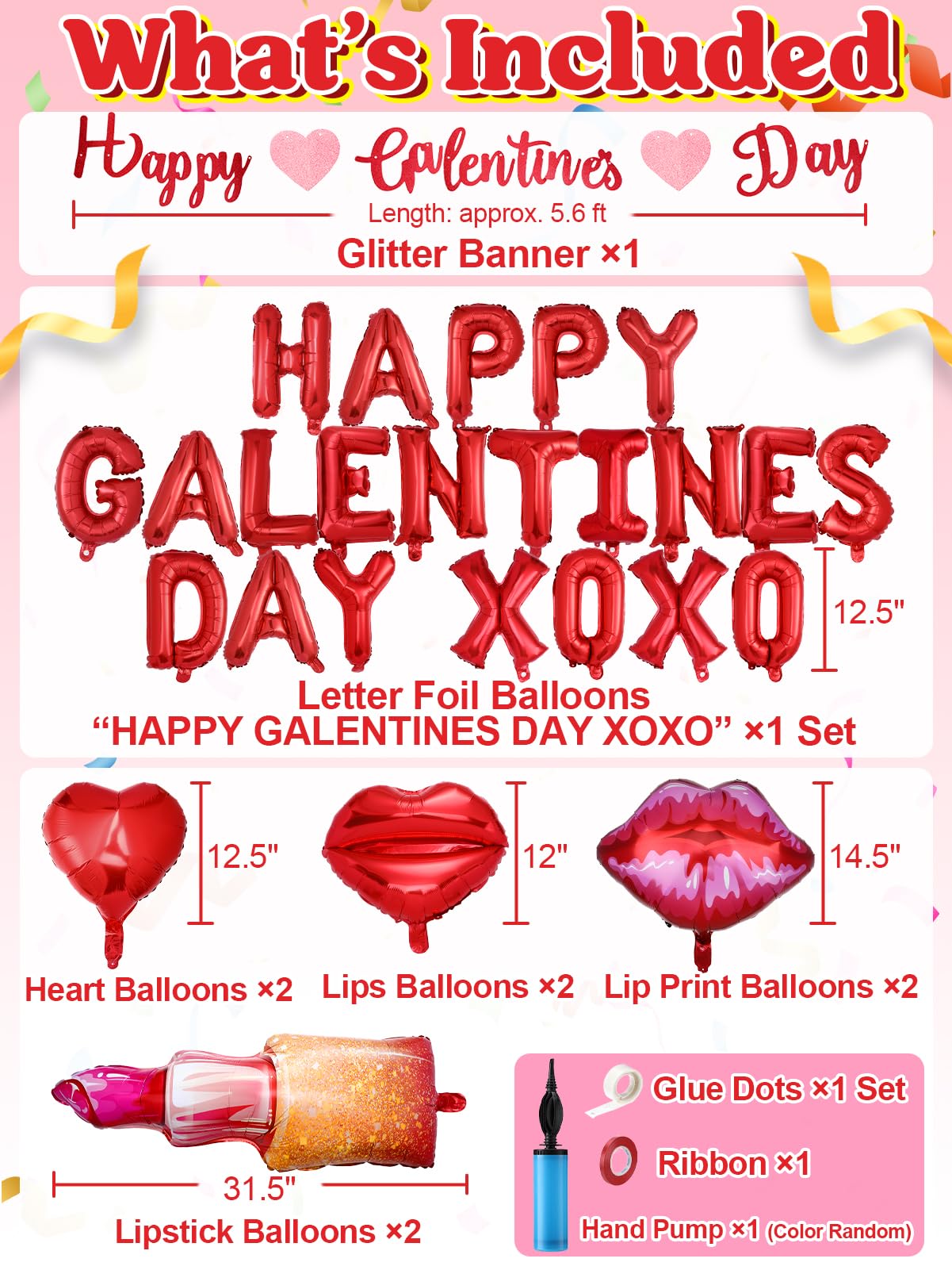 Cosweet 31pcs Galentines Day Balloons Set – Red Letter Foil Balloons, Lips, Lipstick, Heart Shapes with Glitter Banner & Pump
