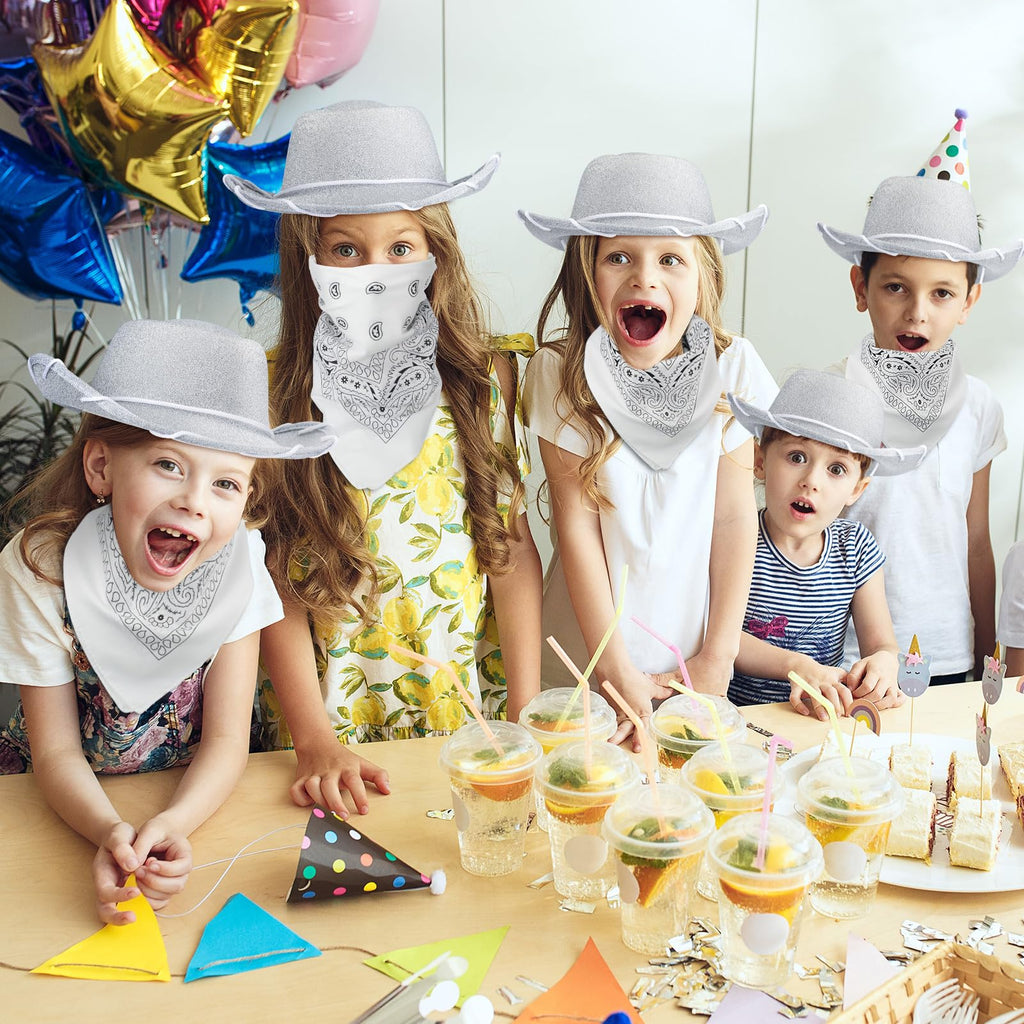 Coume 24-Piece Glitter Silver Cowboy Hats & White Bandanas for Kids – Western Costume Accessories