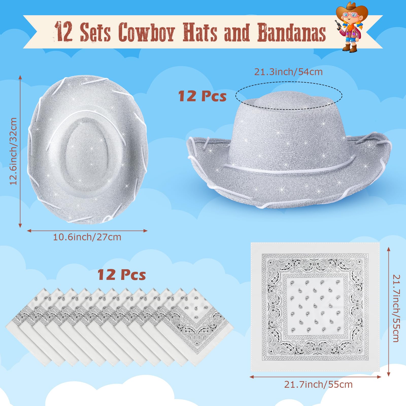 Coume 24-Piece Glitter Silver Cowboy Hats & White Bandanas for Kids – Western Costume Accessories