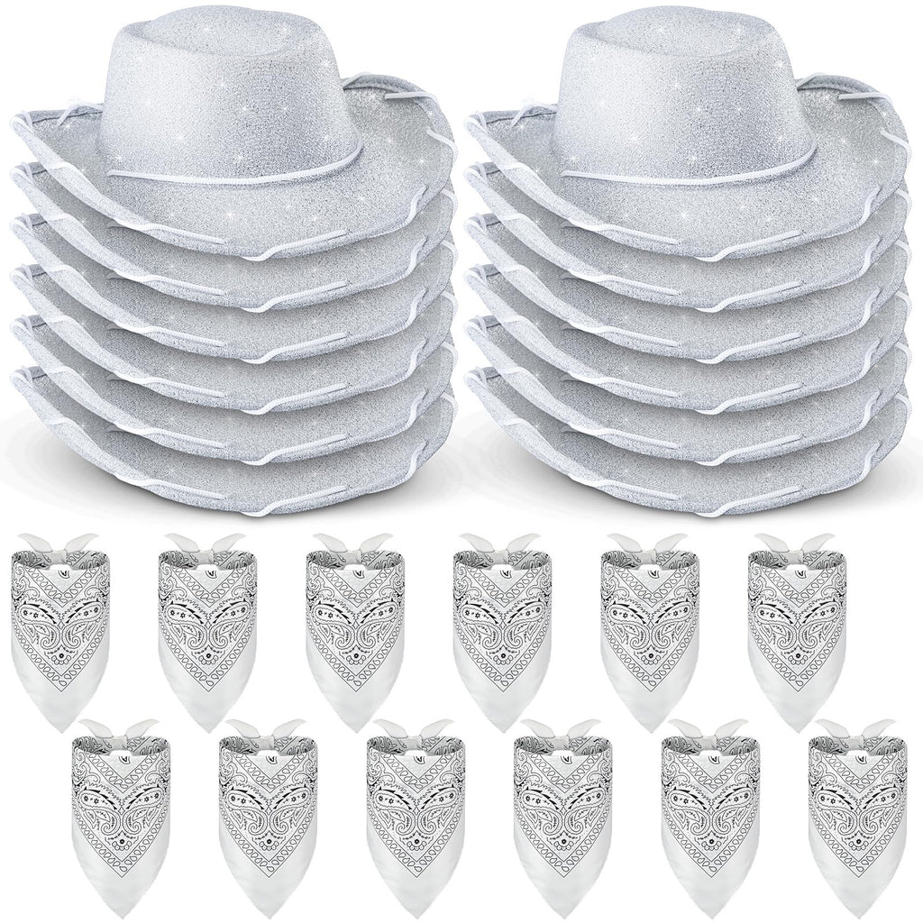 Coume 24-Piece Glitter Silver Cowboy Hats & White Bandanas for Kids – Western Costume Accessories