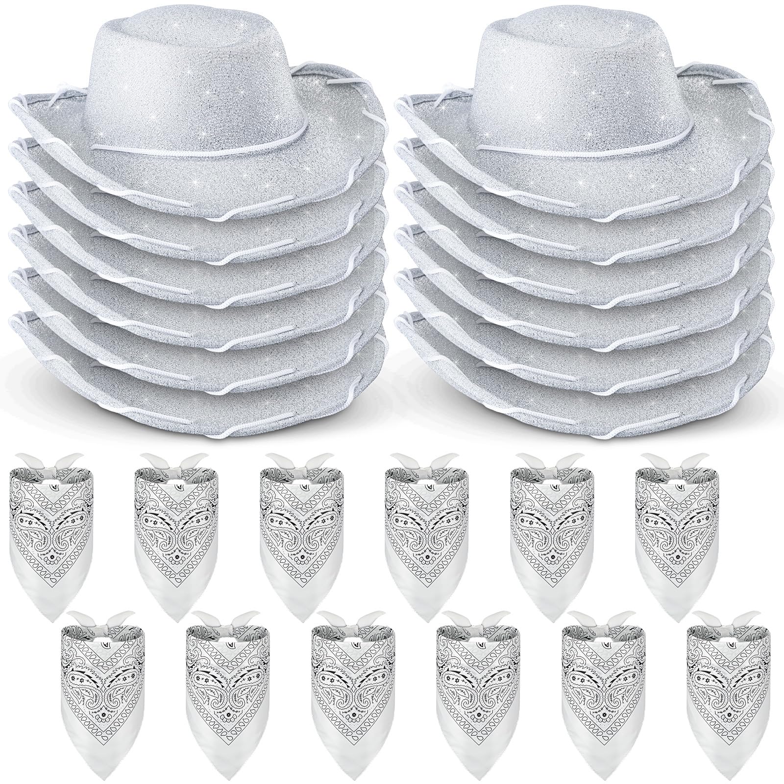 Coume 24-Piece Glitter Silver Cowboy Hats & White Bandanas for Kids – Western Costume Accessories