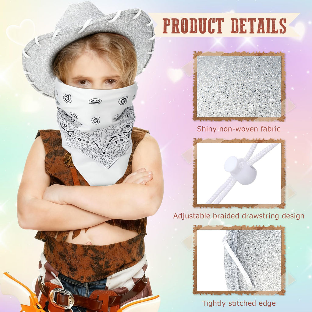 Coume 24-Piece Glitter Silver Cowboy Hats & White Bandanas for Kids – Western Costume Accessories