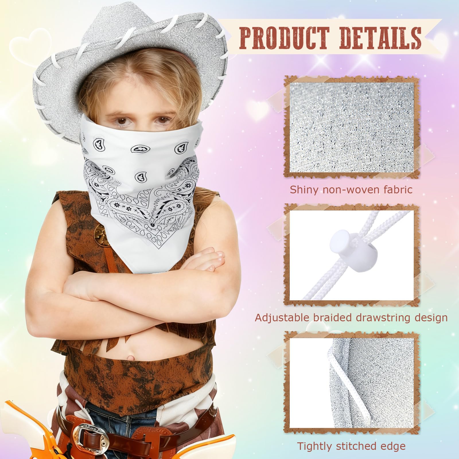 Coume 24-Piece Glitter Silver Cowboy Hats & White Bandanas for Kids – Western Costume Accessories