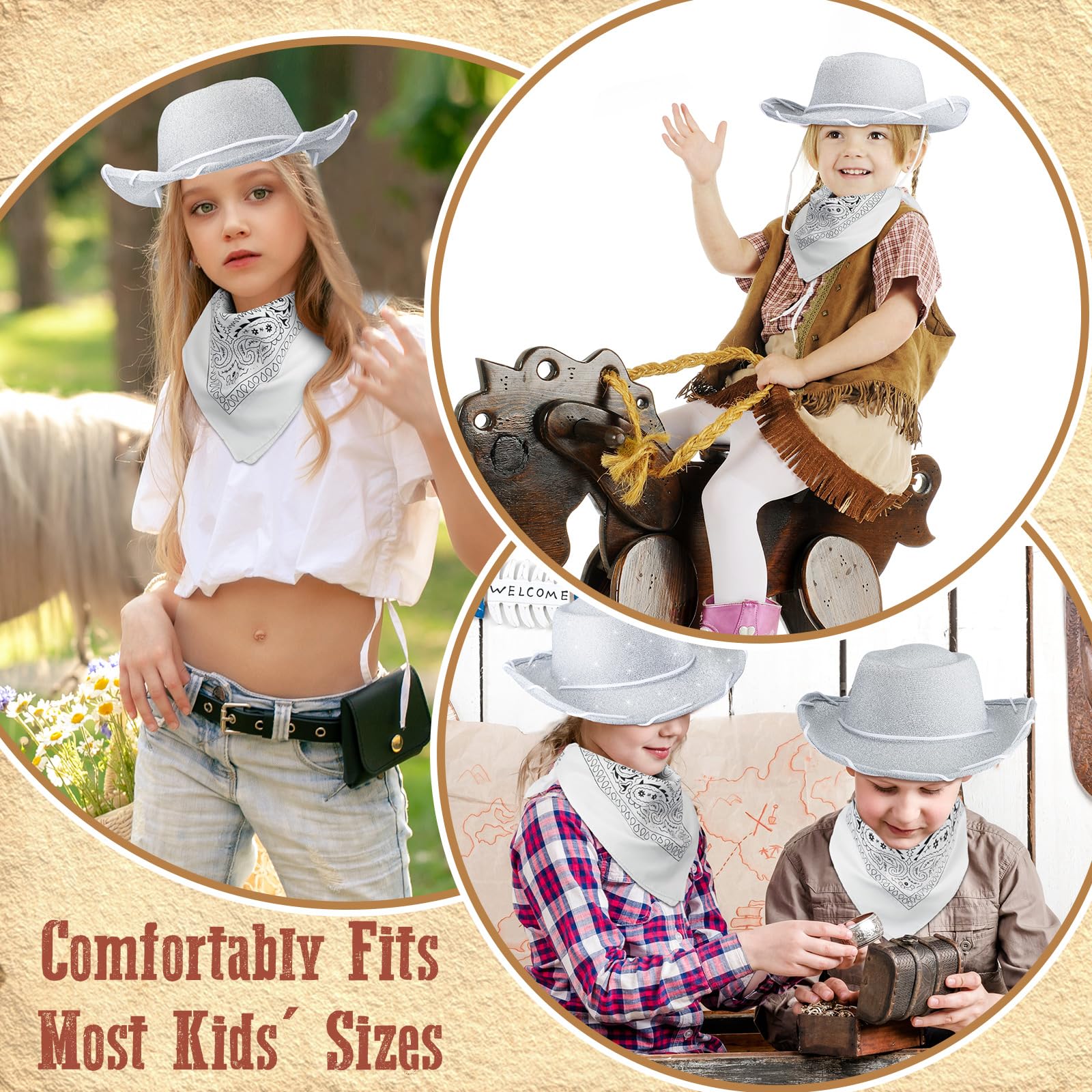Coume 24-Piece Glitter Silver Cowboy Hats & White Bandanas for Kids – Western Costume Accessories