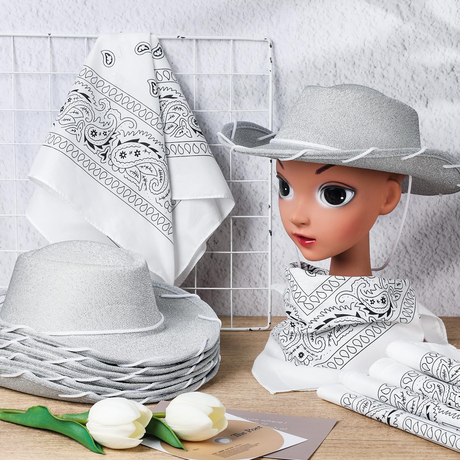 Coume 24-Piece Glitter Silver Cowboy Hats & White Bandanas for Kids – Western Costume Accessories