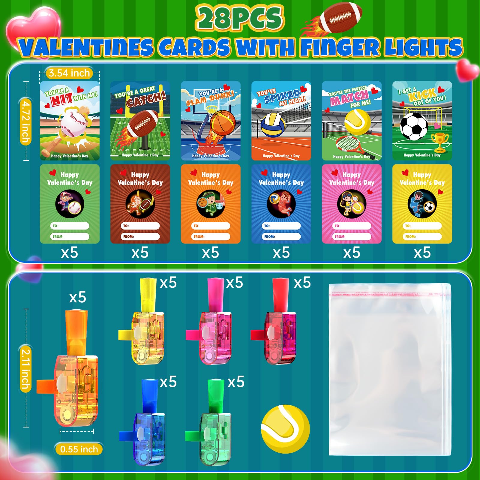 CPSYUB 28-Pack Sports Valentines LED Finger Lights with Cards – Glow-in-the-Dark Kids Party Favors