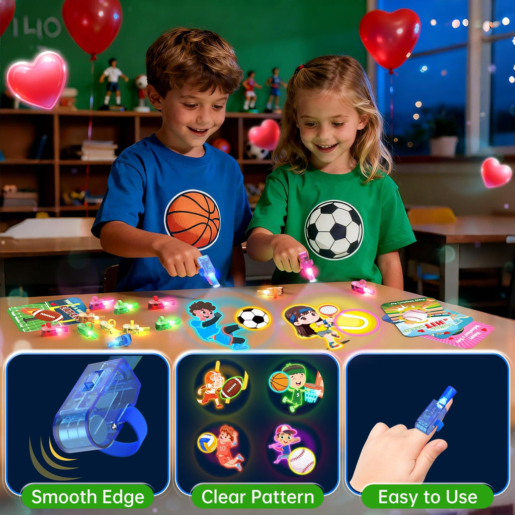 CPSYUB 28-Pack Sports Valentines LED Finger Lights with Cards – Glow-in-the-Dark Kids Party Favors