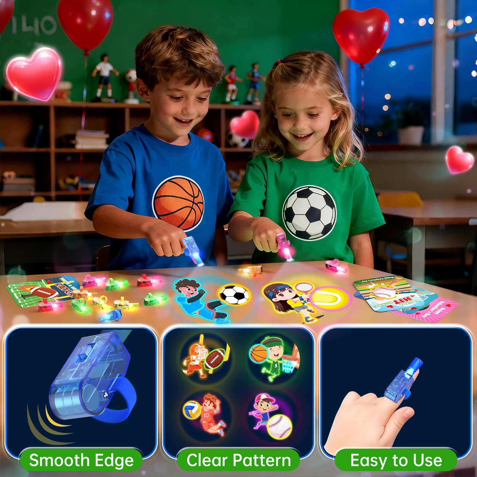 CPSYUB 28-Pack Sports Valentines LED Finger Lights with Cards – Glow-in-the-Dark Kids Party Favors
