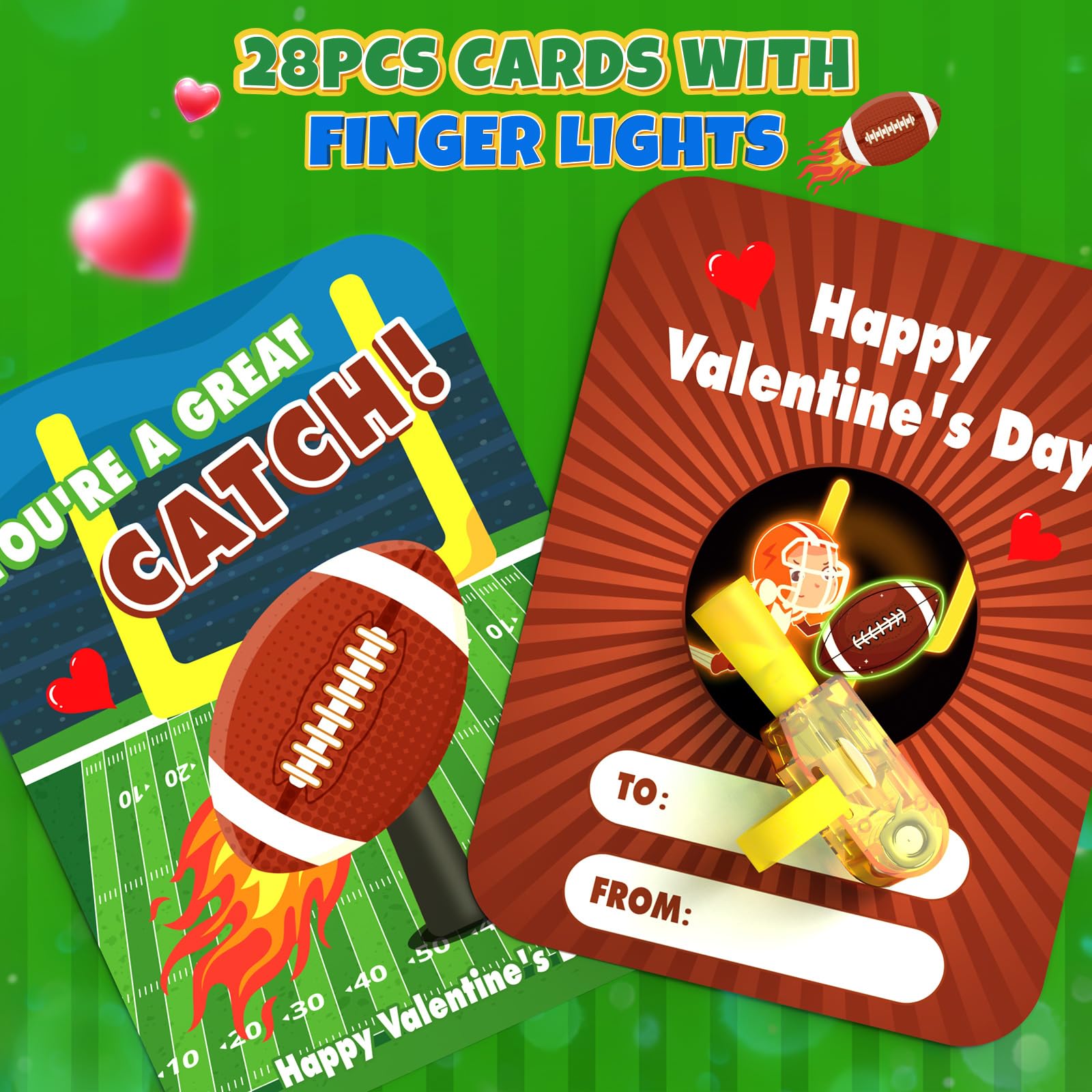 CPSYUB 28-Pack Sports Valentines LED Finger Lights with Cards – Glow-in-the-Dark Kids Party Favors