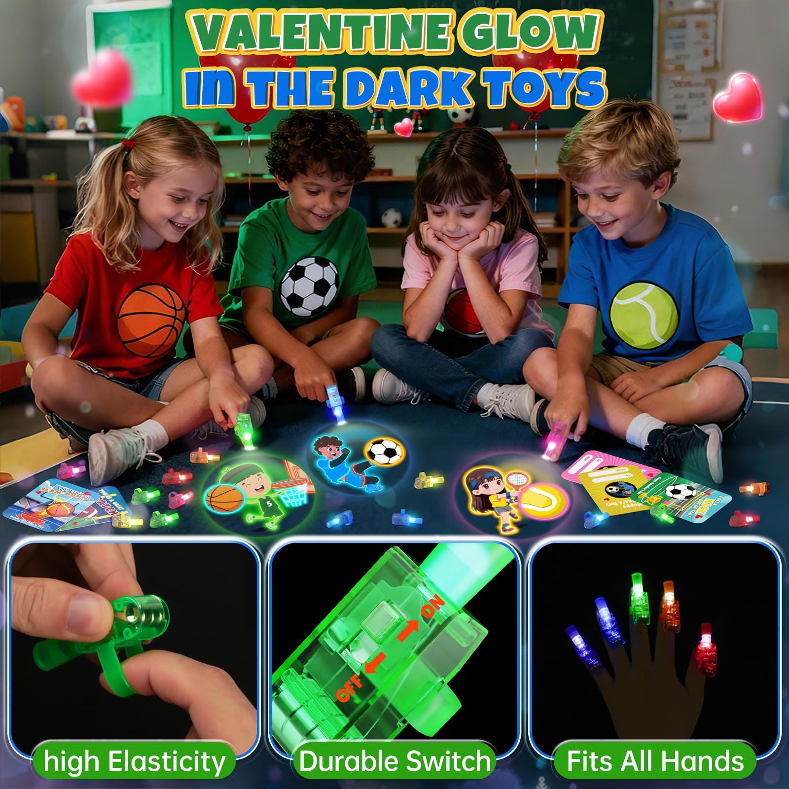 CPSYUB 28-Pack Sports Valentines LED Finger Lights with Cards – Glow-in-the-Dark Kids Party Favors